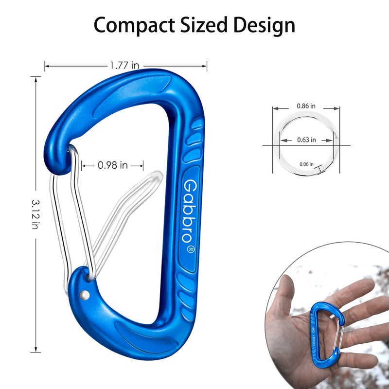 Gabbro Carabiner Clips Heavy Duty 12kN (2697 lbs), | 3.2 Inch, Aluminum, Wiregate Snap, Lightweight, 4 Pack | for Hammock, Hiking, Camping, Water Bottle, Dog Leash Harness, Keychains - Blue - Image 4